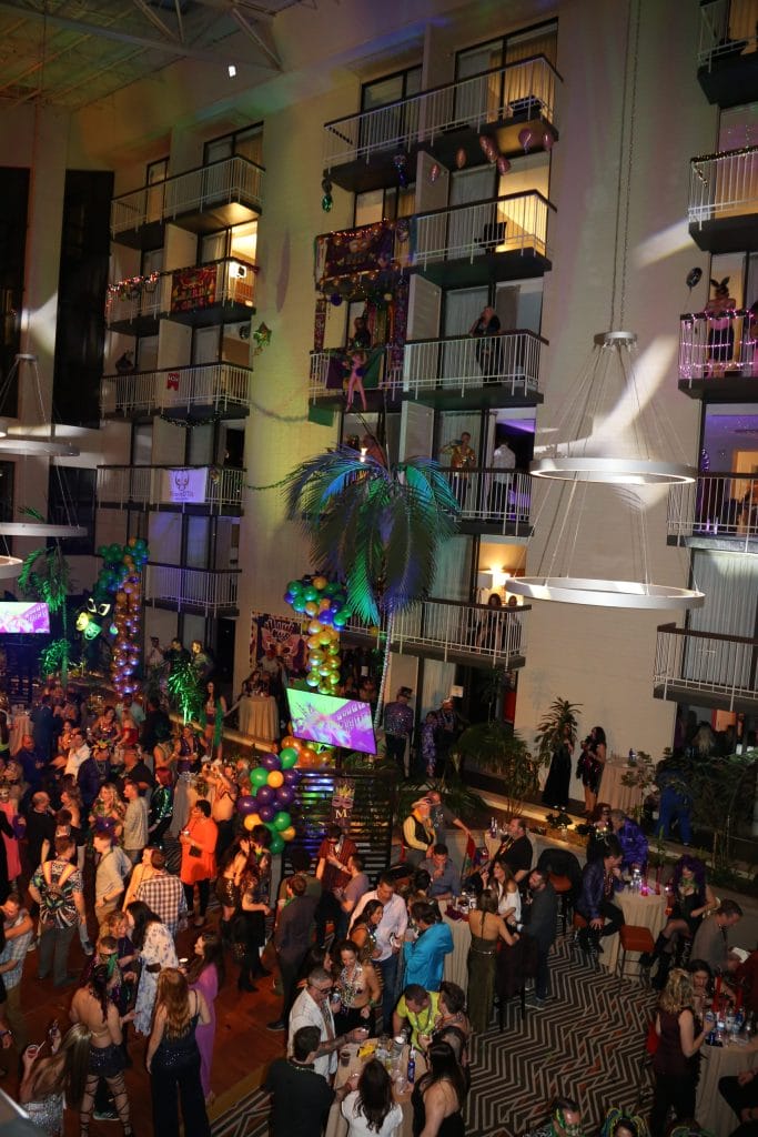 Mardi Gras celebration with colorful lights Denver.